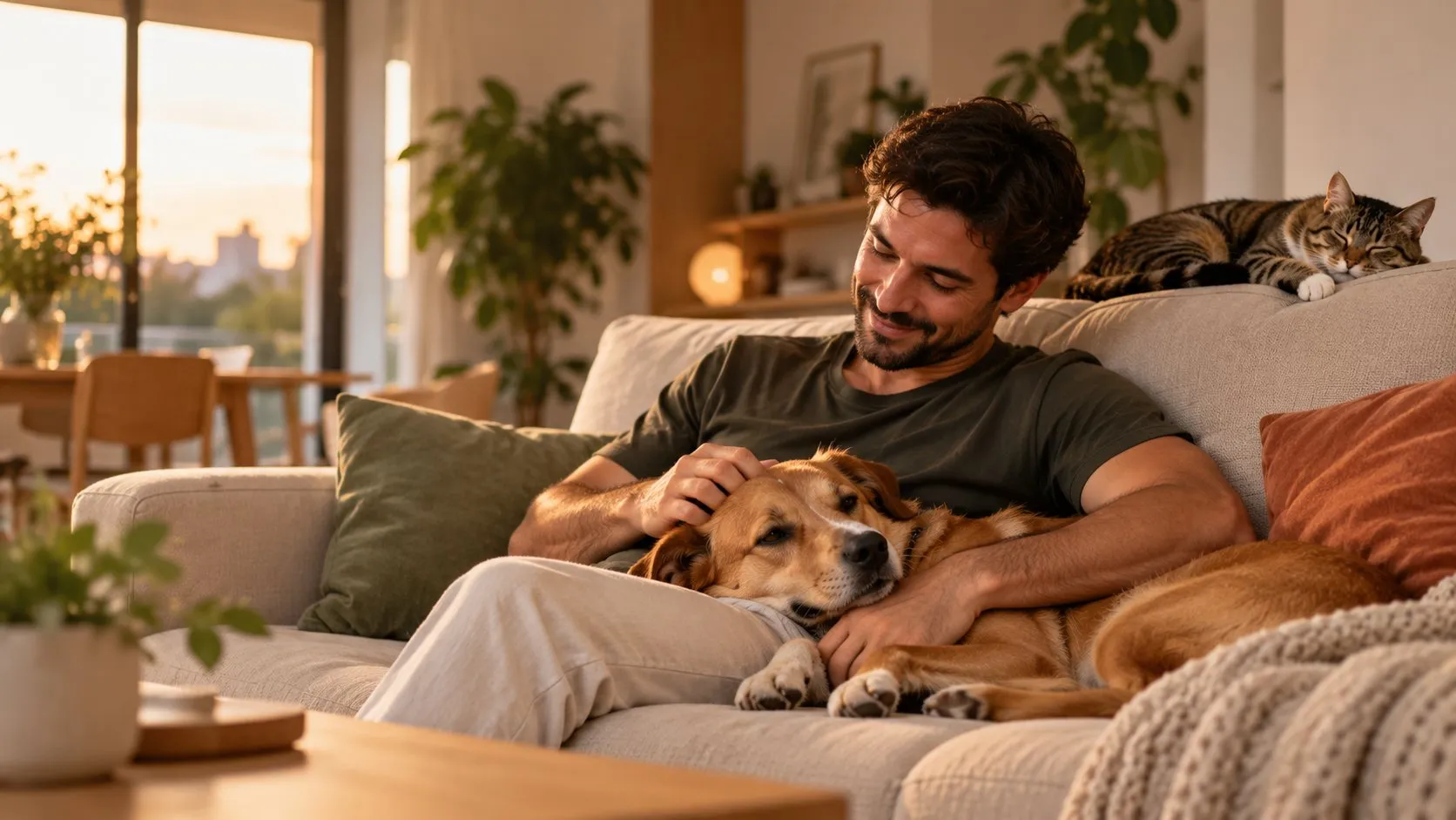 Tutor no sofá fazendo carinho no cachorro deitado no colo, com o gato dormindo no encosto